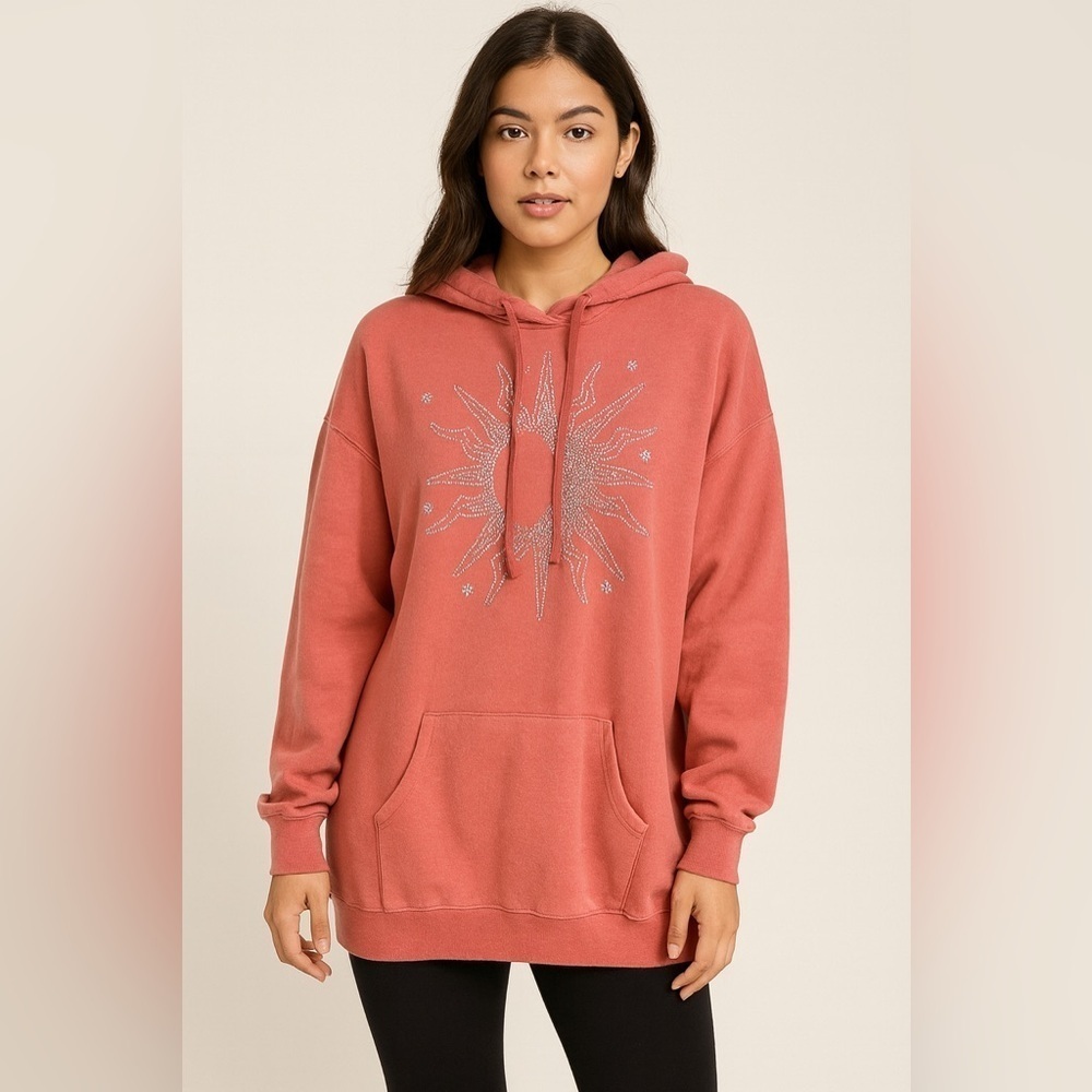 No boundaries Coral Pink Oversized Hoodie Sun & Moon Rhinestone Sweatshirt